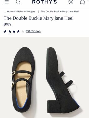Rothy's Double Buckle Mary Jane Heel in Black with Gold Buckles